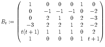 $\displaystyle B_t:=\left(\begin{matrix}
1 & 0 & 0 & 0 & 1 & 0 \\
0 & -1 & -1 &...
...
t(t+1)& 1 & 1 & 1 & 0 & 2 \\
1 & 0 & 0 & 0 & 1 &t+1 \\
\end{matrix}\right)
$