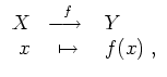 $ \mbox{$\displaystyle
\begin{array}{rcl}
X & \unitlength.1mm\begin{picture}(80...
...riptstyle f$}}
\end{picture} & Y \\
x & \mapsto & f(x)\; , \\
\end{array}$}$