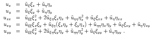 $ \mbox{$\displaystyle
\begin{array}{rcl}
u_x & = & \tilde u_\xi \xi_x + \tild...
...a_y^2 + \tilde u_\xi \xi_{yy} + \tilde u_\eta \eta_{yy} \; . \\
\end{array}$}$