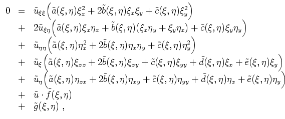 $ \mbox{$\displaystyle
\begin{array}{rcl}
0
& = & \tilde u_{\xi\xi}\Big(\til...
... u\cdot\tilde f(\xi,\eta) \\
& + & \tilde g(\xi,\eta)\; , \\
\end{array}$}$