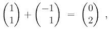 $\displaystyle \begin{pmatrix}1 \\ 1\end{pmatrix} + \begin{pmatrix}-1 \\ \phantom{-}1\end{pmatrix} \;=\; \begin{pmatrix}0 \\ 2\end{pmatrix}\;,
$