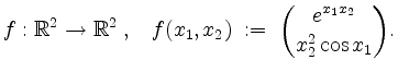 $\displaystyle f:\mathbb{R}^2 \to \mathbb{R}^2\; , \;\;\; f(x_1, x_2) \; :=\; {e^{x_1 x_2} \choose x_2^2 \cos x_1}.
$