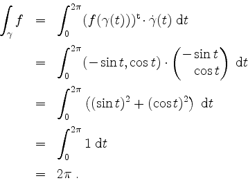 \begin{displaymath}
\begin{array}{rcl}
\displaystyle\int_\gamma f
&=& \displayst...
..._0^{2\pi}1\;\mathrm{d}t\vspace*{2mm}\\
&=& 2\pi\;.
\end{array}\end{displaymath}