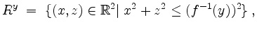 $\displaystyle R^y \;=\; \{(x,z)\in\mathbb{R}^2\vert\; x^2+z^2\leq (f^{-1}(y))^2\}\;,
$