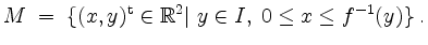 $\displaystyle M \;=\; \{(x,y)^\mathrm{t}\in\mathbb{R}^2\vert\; y\in I,\; 0\leq x\leq f^{-1}(y)\}\;.
$