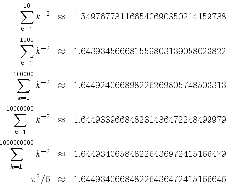 \begin{displaymath}
\begin{array}{rcl}
\displaystyle\sum_{k = 1}^{10} k^{-2} & \...
...& \approx & 1.644934066848226436472415166646\,. \\
\end{array}\end{displaymath}