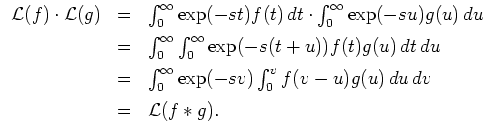 $ \mbox{$\displaystyle
\begin{array}{rcl}
{\operatorname{\mathcal{L}}}(f)\cdot...
...\,dv\vspace*{2mm}\\
&=&{\operatorname{\mathcal{L}}}(f \ast g).
\end{array}$}$