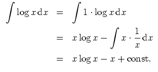 $ \mbox{$\displaystyle
\begin{array}{rcl}
\displaystyle\int \log x\,{\mbox{d}}x...
...{d}}x \vspace*{2mm} \\
& = & x\log x - x + {\mbox{const.}} \\
\end{array}$}$