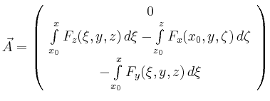 $\displaystyle \vec{A} =\left( \begin{array}{c} 0\\
\int\limits_{x_0}^x F_z(\xi...
...\zeta)\, d\zeta\\
-\int\limits_{x_0}^x F_y(\xi,y,z)\, d\xi
\end{array}\right)
$