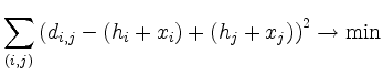 $\displaystyle \sum_{(i,j)} \left( d_{i,j} - (h_i+x_i) + (h_j+x_j) \right)^2
\to \min
$