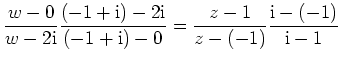 $ \mbox{$\displaystyle
\frac{w - 0}{w - 2\mathrm{i}}\frac{(-1 + \mathrm{i}) - 2...
...hrm{i}) - 0} =
\frac{z - 1}{z - (-1)}\frac{\mathrm{i}- (-1)}{\mathrm{i}- 1}
$}$