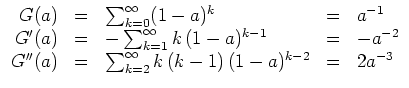 $ \mbox{$\displaystyle
\begin{array}{rclcl}
G(a) &=& \sum_{k=0}^\infty (1-a)^k...
...
G''(a) &=& \sum_{k=2}^\infty k\,(k-1)\,(1-a)^{k-2} &=& 2 a^{-3}
\end{array}$}$