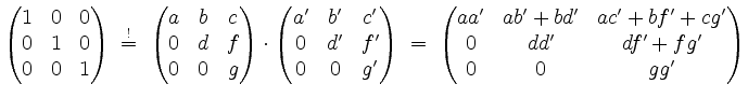 $\displaystyle \begin{pmatrix}1&0&0\\ 0&1&0\\ 0&0&1\end{pmatrix}\; \stackrel{ !}...
...; \begin{pmatrix}aa'&ab'+bd'&ac'+bf'+cg'\\ 0&dd'&df'+fg'\\ 0&0&gg'\end{pmatrix}$