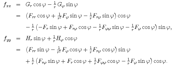 $\displaystyle \begin{array}{rcl}
f_{xx} & = & G_r \cos\varphi - \frac{1}{r}\,G_...
...s \varphi - \frac{1}{r} F_\varphi \sin \varphi \right) \cos\varphi.
\end{array}$