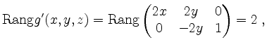 $\displaystyle \mathrm{Rang } g'(x,y,z) = \mathrm{Rang}\begin{pmatrix}2x & 2y & 0\\ 0 & -2y & 1\end{pmatrix}= 2\; ,
$