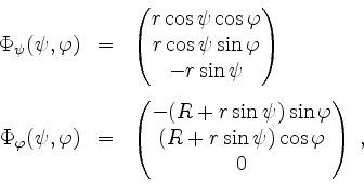 \begin{displaymath}
\begin{array}{rcl}
\Phi_\psi(\psi,\varphi) &=& \begin{pmatri...
... (R+r\sin\psi)\cos\varphi\\ 0\end{pmatrix} \; , \\
\end{array}\end{displaymath}