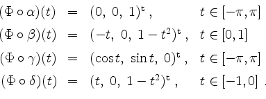 \begin{displaymath}
\begin{array}{rcll}
(\Phi\circ\alpha)(t) &=& (0,\; 0,\; 1)^\...
...=& (t,\; 0,\;1-t^2)^\mathrm{t}\; , & t\in [-1,0]\;.
\end{array}\end{displaymath}