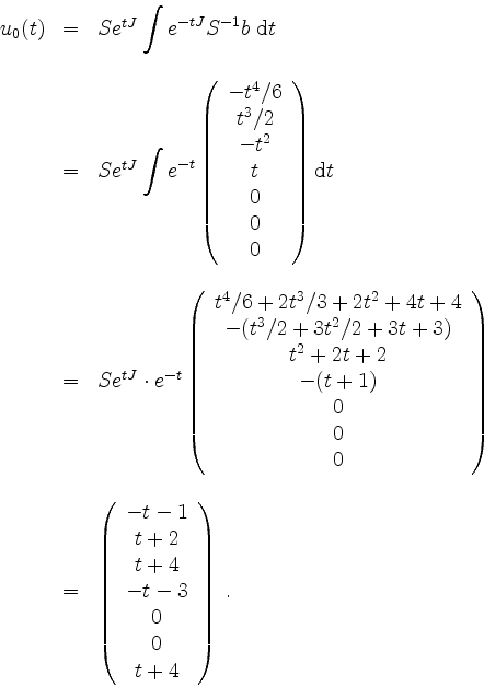 \begin{displaymath}
\begin{array}{rcl}
u_0(t)
& = & S e^{tJ}\displaystyle\int e...
...- 3\\
0\\
0\\
t + 4\\
\end{array}\right)\; .
\end{array}\end{displaymath}