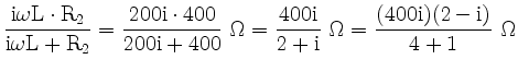 $\displaystyle \frac{\rm {i}\omega L \cdot R_2}{\rm {i}\omega L+R_2}
= \frac{200...
...frac{400\rm {i}}{2+\rm {i}}\ \Omega=\frac{(400\rm {i})(2-\rm {i})}{4+1}\ \Omega$