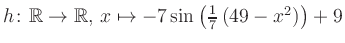 $ h \colon \mathbb{R} \to \mathbb{R},\, x \mapsto -7\sin\left(\frac{1}{7}\left(49-x^2\right)\right)+9$
