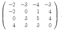 $\displaystyle \left(\begin{array}{*{4}{r}}
-2 & -3 & -4 & -3\\
-2 & 0 & 1 & 4\\
0 & 3 & 5 & 4\\
4 & 3 & 3 & 0\\
\end{array}\right)\,.$