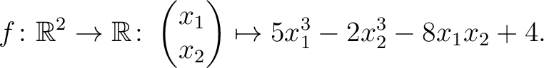 $\displaystyle f\colon\mathbb{R}^2 \to \mathbb{R}\colon \begin{pmatrix}x_1\\ x_2\end{pmatrix} \mapsto 5x_1^3-2x_2^3-8x_1x_2+4.$