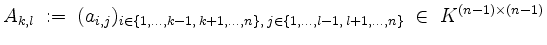 $\displaystyle A_{k,l} \;:=\; (a_{i,j})_{i\in\{1,\ldots,k-1,\,k+1,\ldots,n\},\; j\in\{1,\ldots,l-1,\,l+1,\ldots,n\}}
\;\in\; K^{(n-1)\times (n-1)}
$