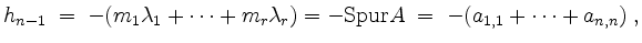 $\displaystyle h_{n-1} \;=\; -(m_1\lambda_1+\cdots+m_r\lambda_r) = -\mathrm{Spur} A \;=\; -(a_{1,1}+\cdots+a_{n,n})\; ,
$