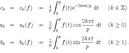 \begin{displaymath}
\begin{array}{rclcll}
c_k & = & c_k(f) & := &\frac{1}{p}\d...
...{2k\pi t}{p}}\ \mathrm{d}t} &\ (k\ge 1) \; . \\
\end{array}
\end{displaymath}